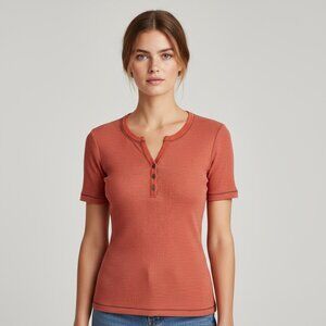 NWT Vintage Y2K Me & Ko Coral Ribbed Henley Short Sleeve Top Size Large